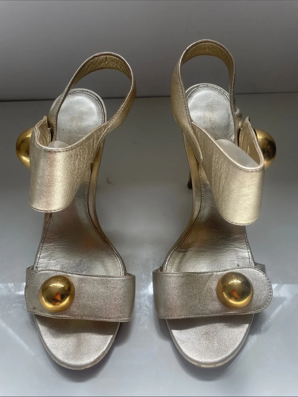 Sergio Rossi Metallic Gold Slingback Heels with Sculpted Gold Orbs